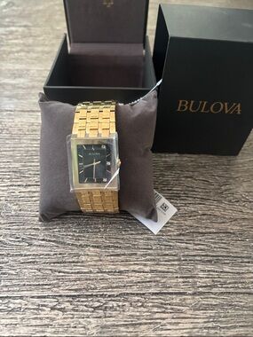 Bulova Modern Quadra 3-Hand Gold-Tone Bracelet Watch with Black Dial NWT in Box